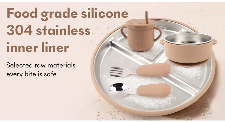 stainless steel suction plate and bowl set with silicone------02